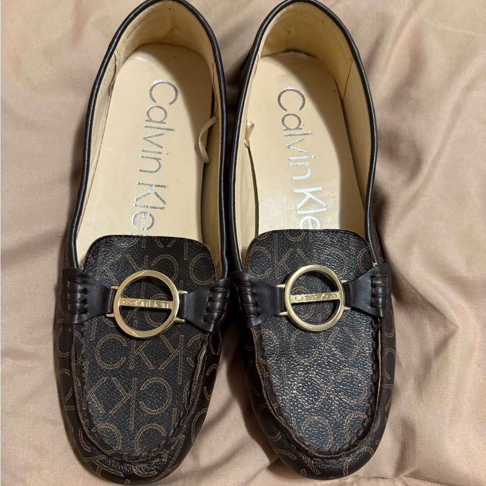 Calvin Klein Brown Monogram Loafers with Gold Accent